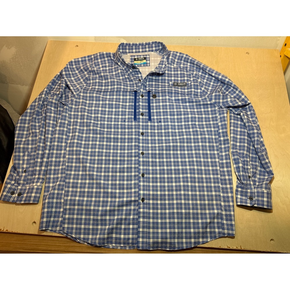 Magellan Outdoors Pro Fish Mens 2XL Blue White Plaid Fishing Shirt Long Sleeve